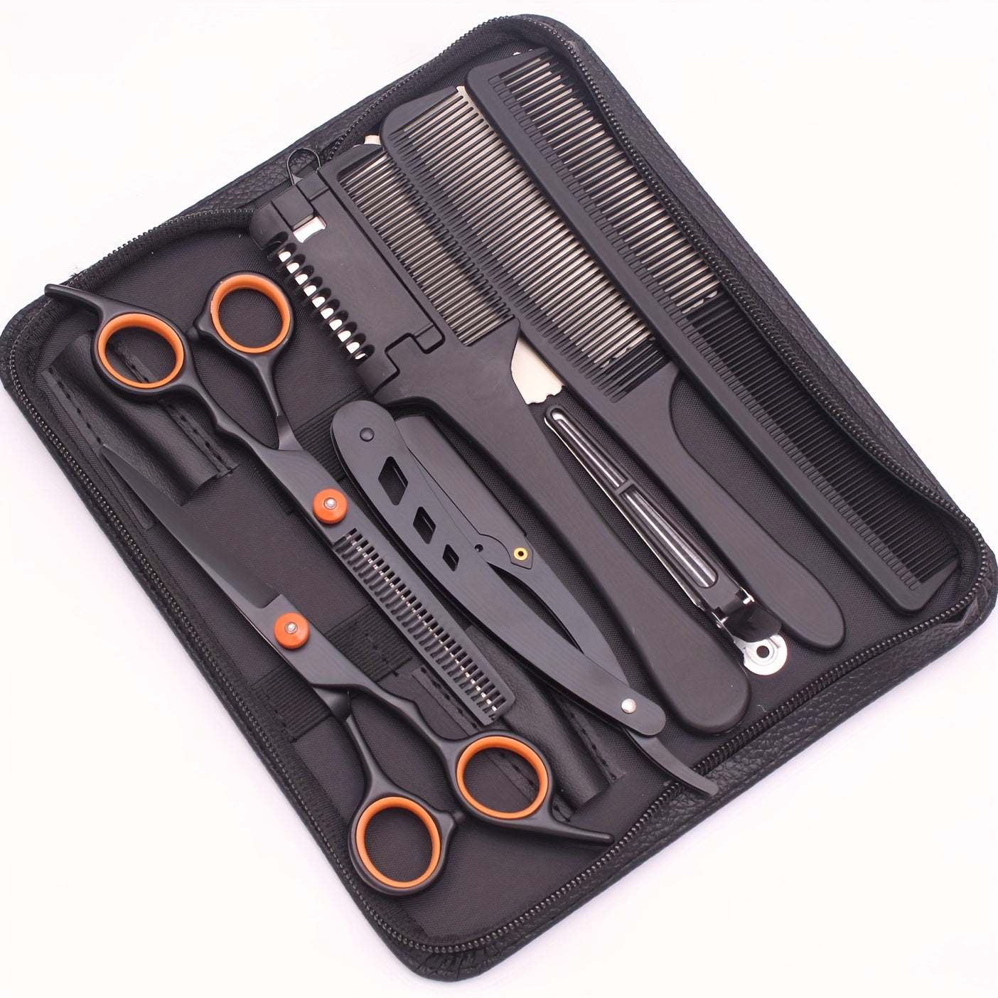 6-inch hair cutting scissors set with a variety of styling tools including thinning scissors, shaver comb, double-sided comb, and apple comb.