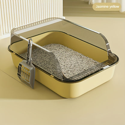 Enclosed medium-sized cat litter box with scoop made of durable plastic. Features include square design, high edges, and splash guard for easy cleaning. Supports up to 5.44 KG cats.