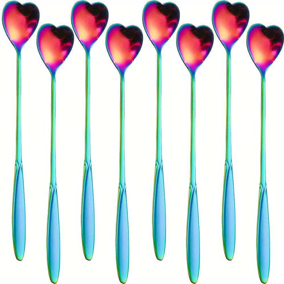 Set of 8 adorable heart-shaped coffee spoons, with a shiny mirror finish and long handles. Made of stainless steel, suitable for stirring drinks, desserts, and cocktails. Ideal as a gift for a loved one, perfect for tea parties, coffee bars, weddings