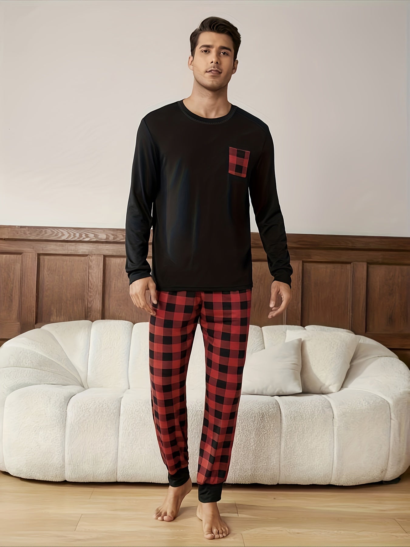 Men's Long Sleeve Plaid Pajama Set in Regular Fit made of Knitted Polyester Fabric with Round Neck, Stretchy, with Pockets for Autumn/Winter