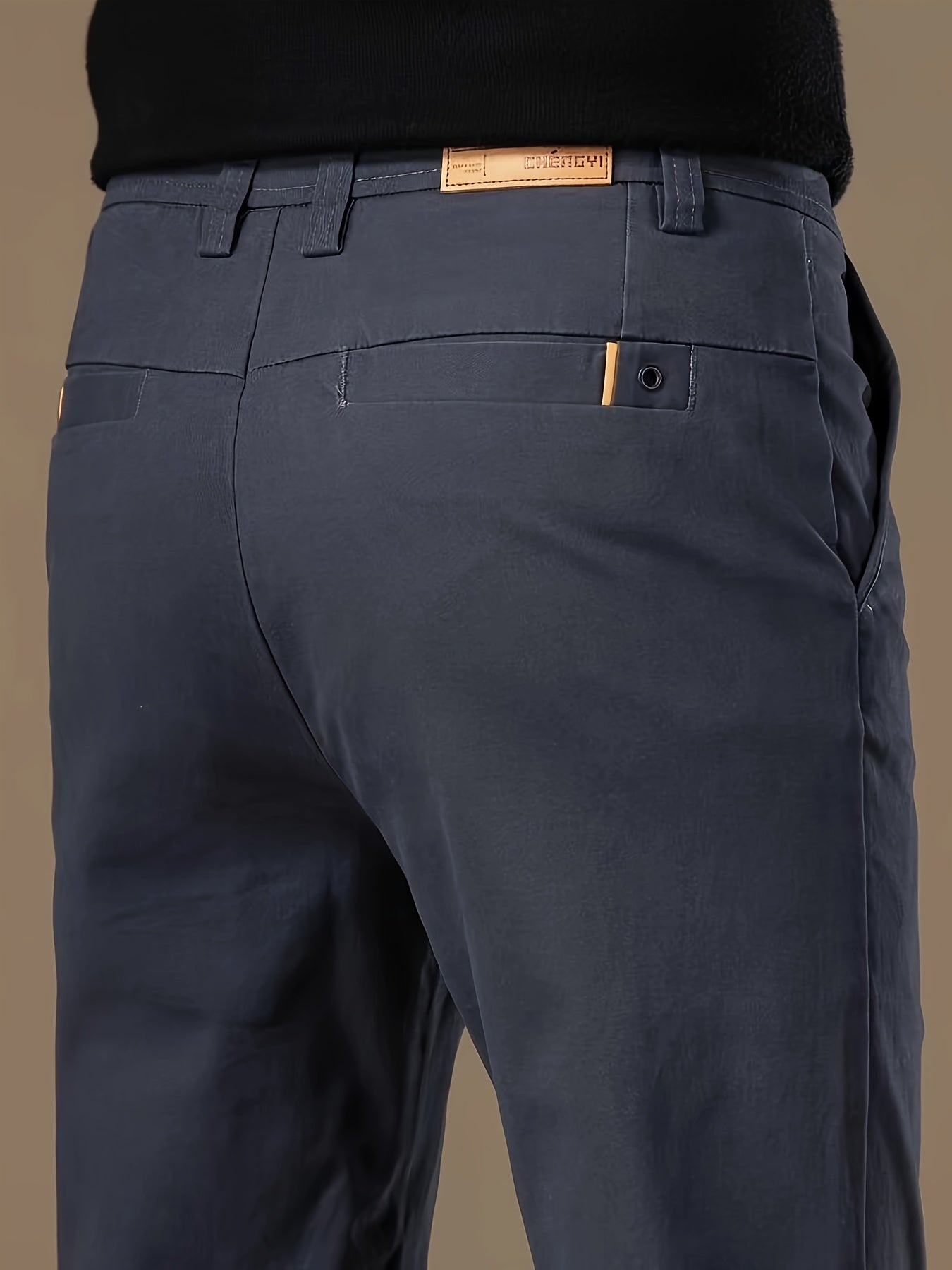 Men's business casual cotton blend pants with a regular fit, straight leg, solid color, no belt, ideal for spring/autumn. Features pocket detail, button closure, mid-waist, and woven fabric.