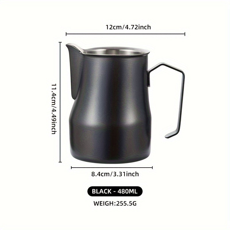 Italian Coffee Art Cup, 1 piece, made of 304 stainless steel, featuring a Latte Art Cylinder. This Latte Art Tool includes a Milk Jug with a pointed spout, perfect for creating latte art. Available in White 480ML/700ML Milk Frothing Canister and Black