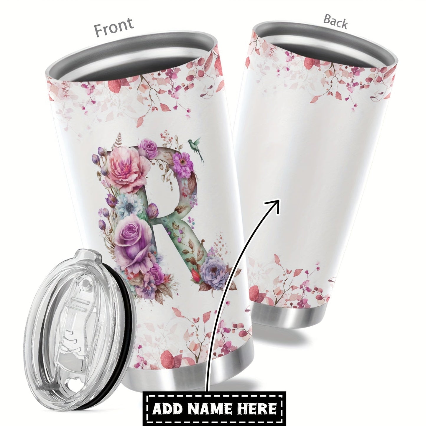 Customize your daily essentials with our Hsdiokl 20oz Insulated Stainless Steel Tumbler featuring a personalized name and flower design. This oval metal mug comes with 2 BPA-free lids, perfect for hand washing and multipurpose use. Designed for adults