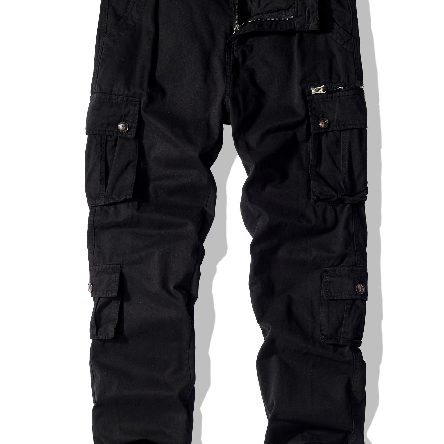 Men's plus size cargo pants in solid color, loose fit, made of washed cotton for all-season wear. Features 8 pockets and a street style design.