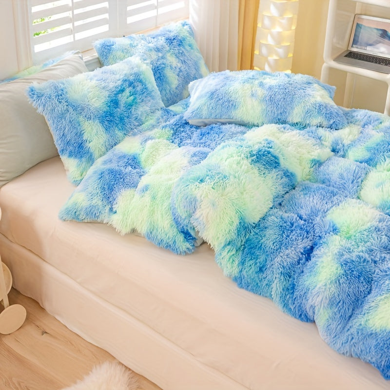 Y2K Tie Dye Plush Duvet Cover Set includes 3 pieces (1 Duvet Cover + 2 Pillowcases), providing soft and warm bedding.