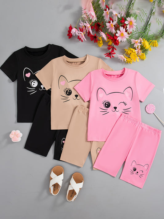 Girls' 3-piece Cartoon Cat Print Set: T-shirts + Shorts for Summer