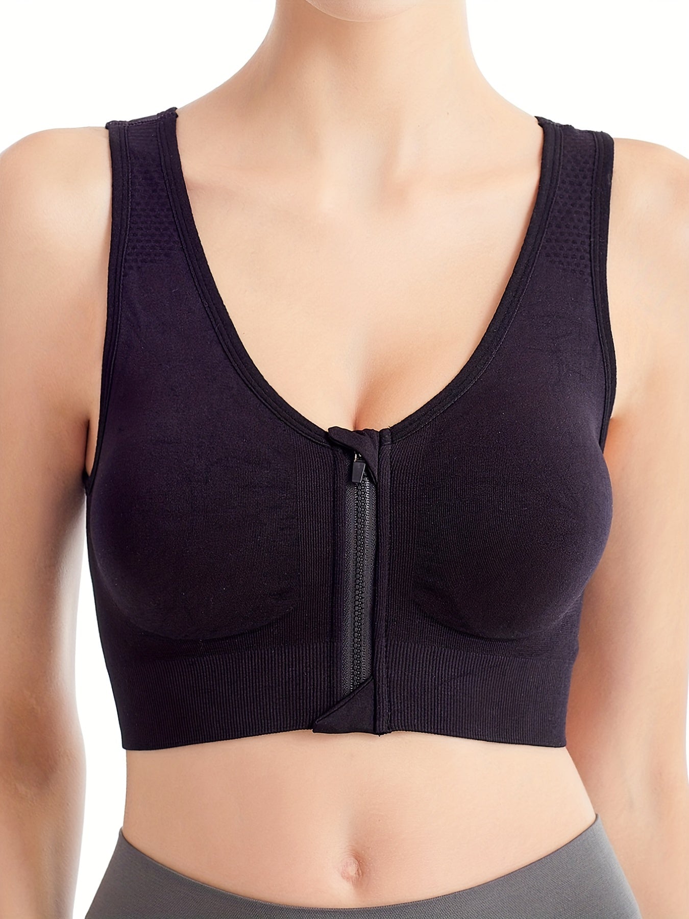 Three front zipper sports bras for running and yoga, comfortable and soft, designed for women's lingerie and underwear.