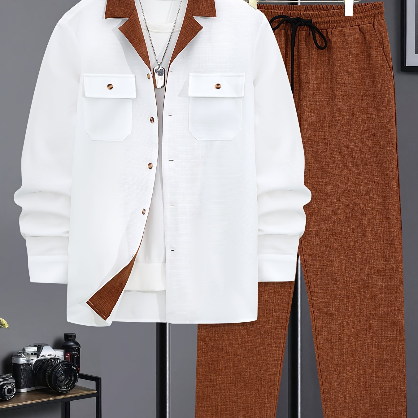 Men's Autumn/Winter Long Sleeve Button Shirt and Casual Pants Set