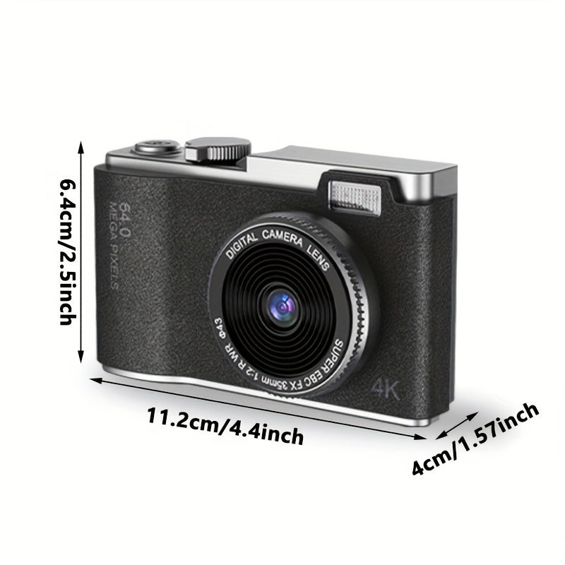 Compact instant photo camera, 1080p resolution with CCD sensor, 1.07x viewfinder magnification, rechargeable lithium polymer battery, no wireless connectivity. Easy to use, does not come