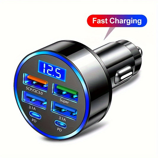 6-in-1 car charger with display, fast USB 3.0/3.1A charging, dual PD, universal compatibility for smartphones, tablets, and more.