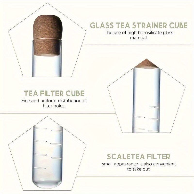 This innovative glass tea steeping device features a cork plug and a flower tea test tube, made from high borosilicate glass for portability. Ideal for steeping Pu'er, black, green, and fruit health teas, it fits most cups and mugs. Transparent tea