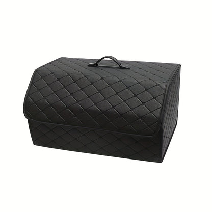 Premium PU leather car trunk organizer with collapsible cargo storage box and tension mount. Multi-functional for toys, food, and more with sleek black design and diamond-stitched pattern.