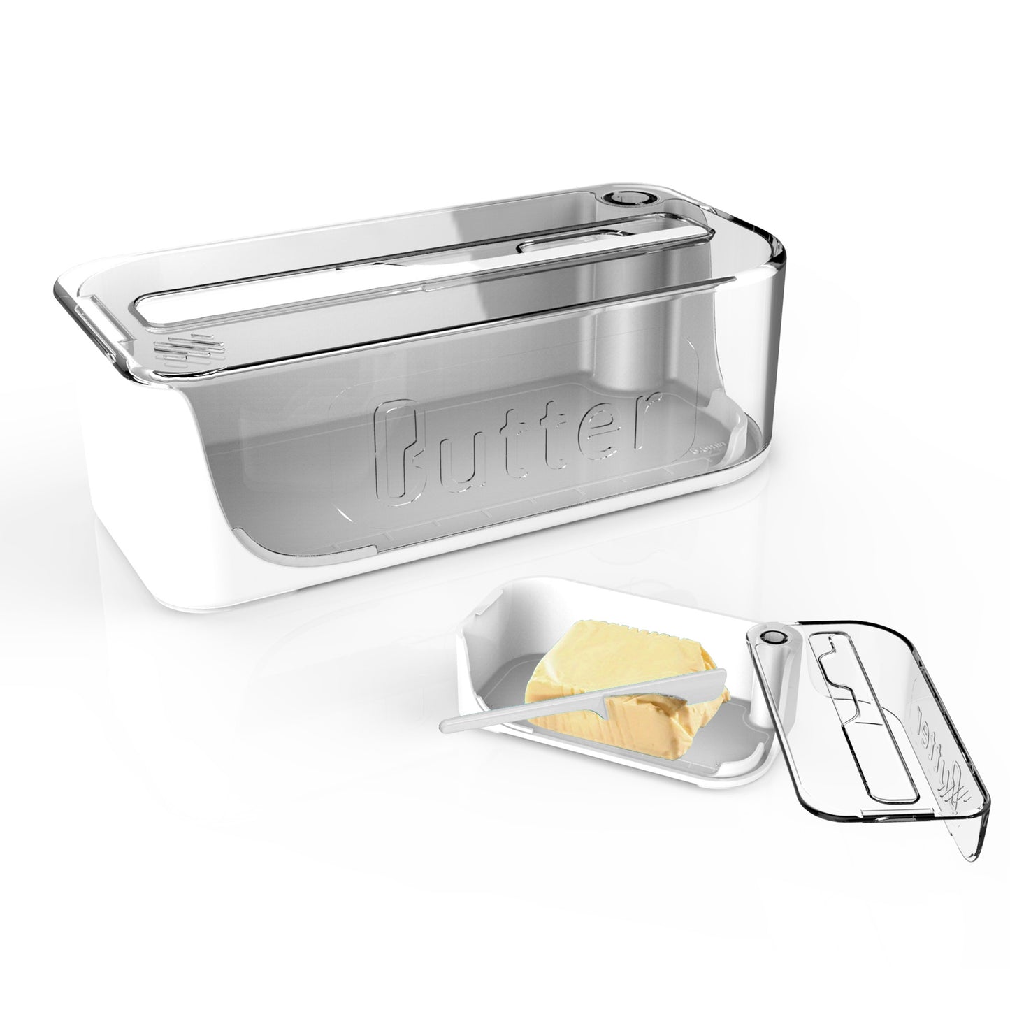 Butter dish with cutter and transparent cover, creative container for kitchen.