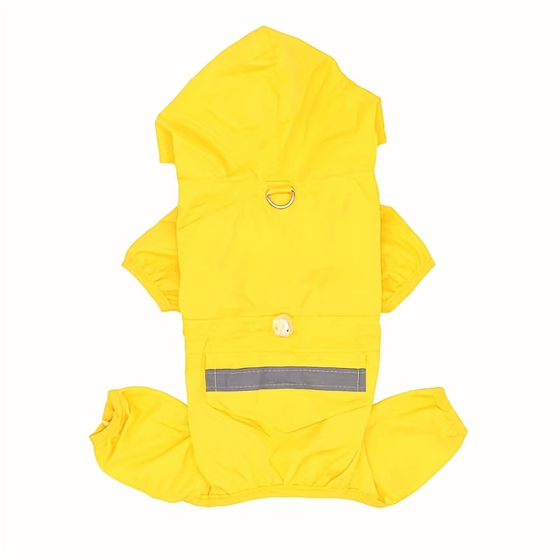 Waterproof reflective dog raincoat with snap buttons, stretch fabric. Suitable for small to medium breeds, hand wash only. Hooded, water resistant.