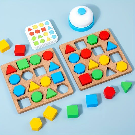 Wooden dual-player battle game with geometric shape matching and building blocks. Enhances youngsters' thinking skills. Colorful two-player desktop competition toy with timer.