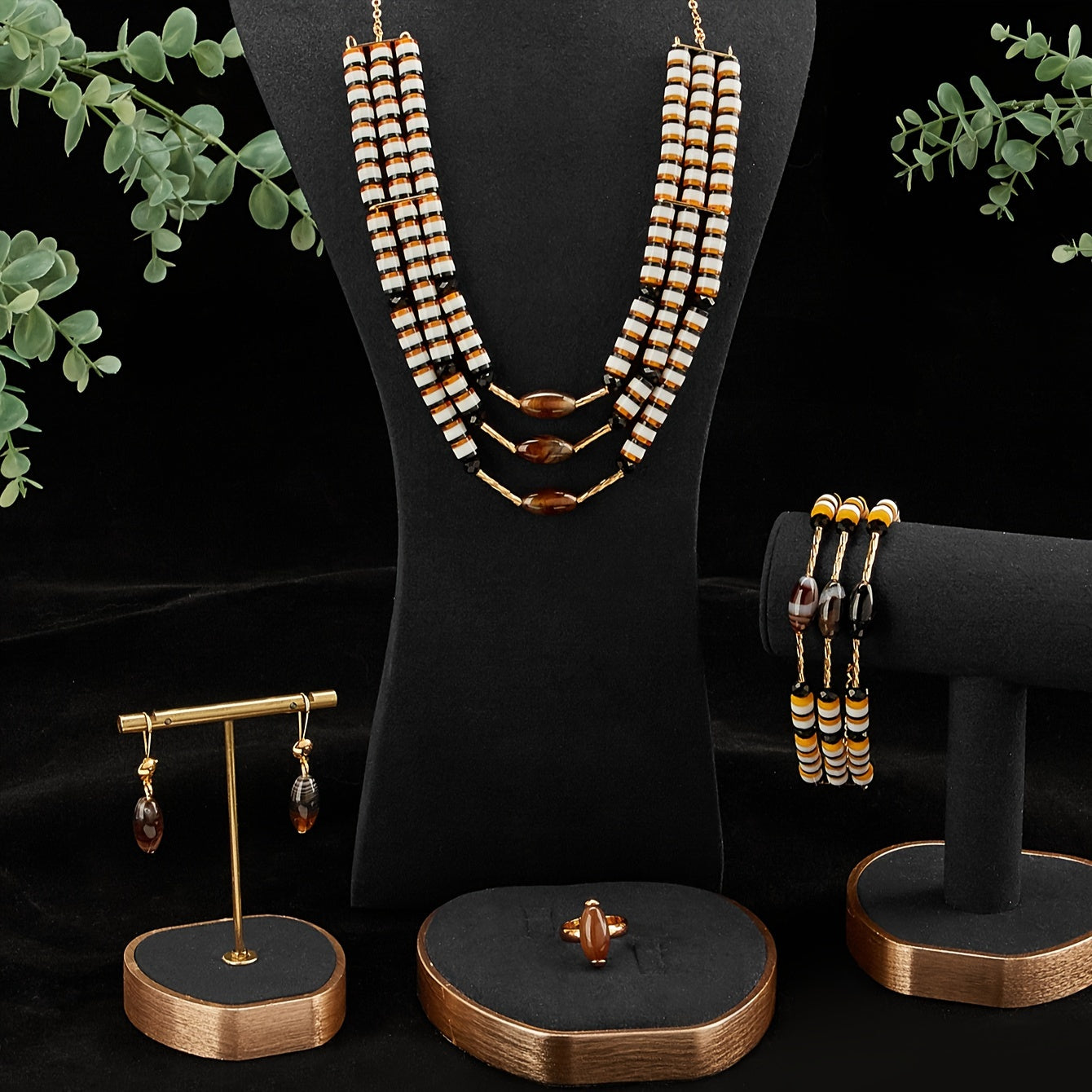 Arabian-inspired Gold-Plated Copper Jewelry Set for Women - Complete with Necklace, Earrings, Bracelet & Ring | Ideal for Everyday Glamour & Special Occasions