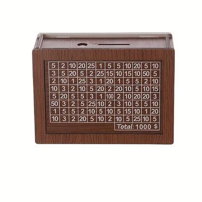 Wooden penny bank with wipeable counter adds charm to home decor and serves as a savings box for youngsters.