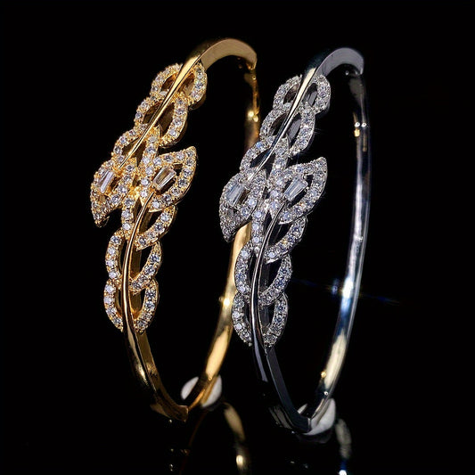 A high-end bracelet adorned with shiny leaf designs and micro-inlaid synthetic zirconia, adjustable for women, showcasing a unique and luxurious style.