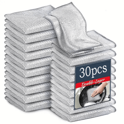 The Ultra-Soft Microfiber Kitchen Scrub Sponges come in a convenient 30-pack, featuring reusable non-scratch stainless steel pads perfect for dishes and cookware. These dual-use sponges are ideal for wet and dry cleaning, and are easy to rinse. With a