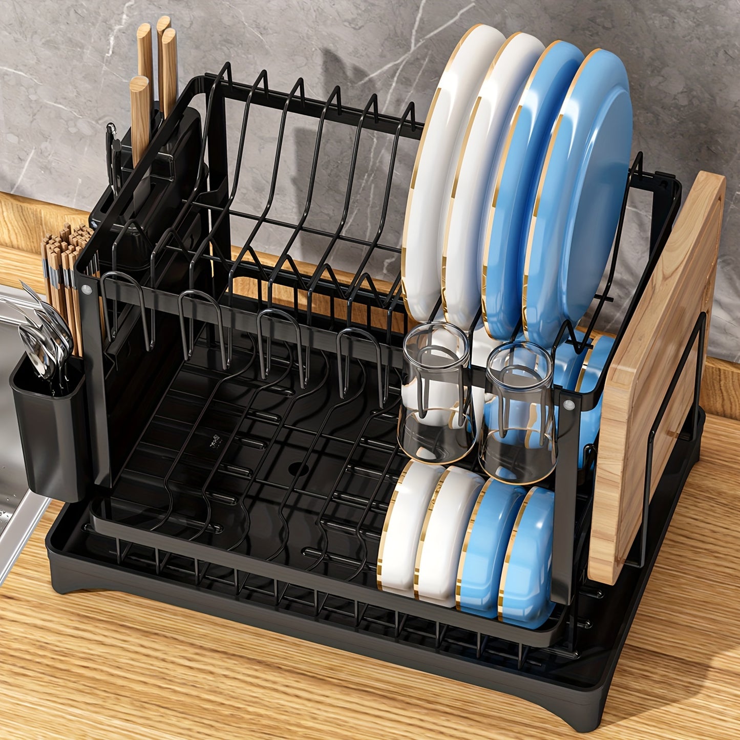 LDQ 1pc Dish Drying Rack with Two-Tier design, includes Drainboard, Cutting Board Holder, Utensil Holder, and Cup Holder. Comes in White and Black options.