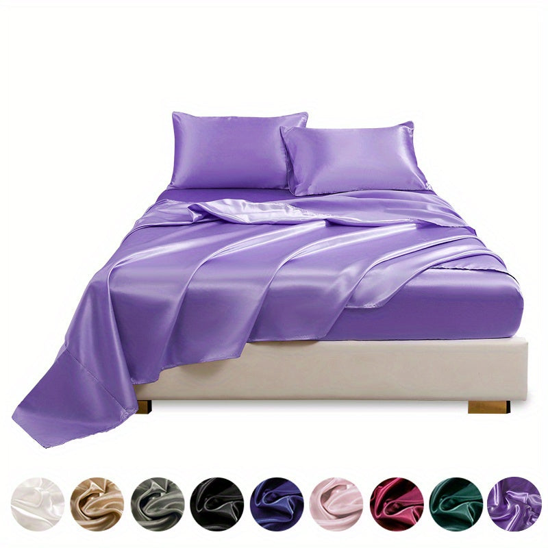 4 pieces of polyester satin solid fitted sheet set includes 1 fitted sheet, 1 flat sheet, and 2 pillowcases, available in Twin, Full, Queen, or King sizes.