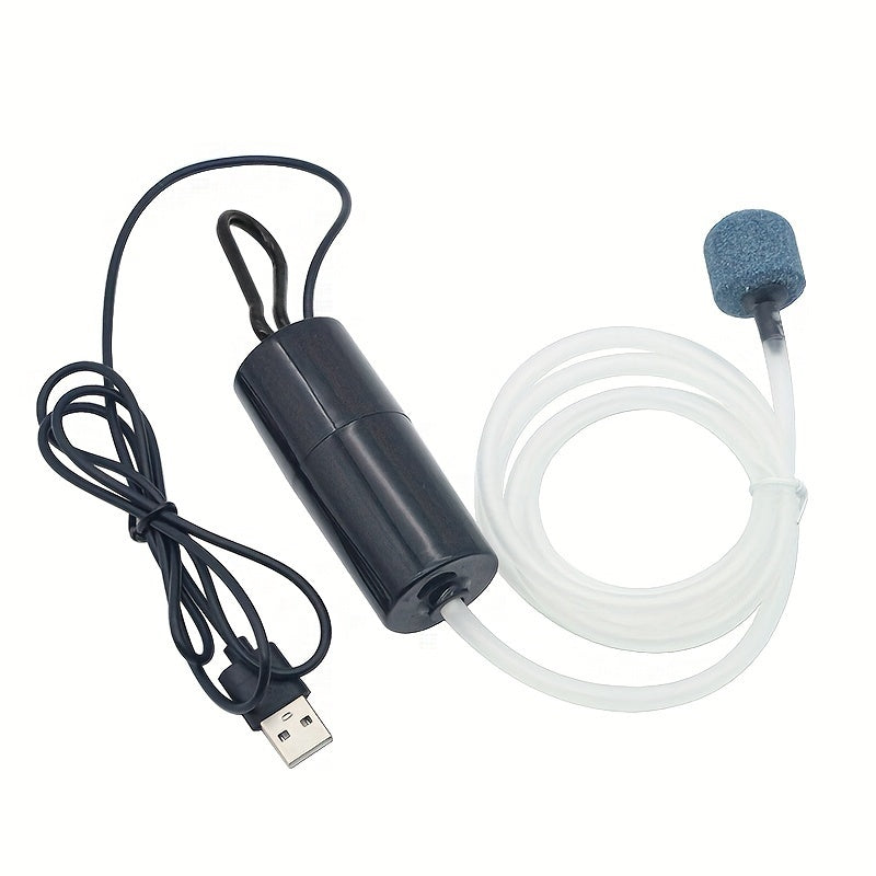 Compact USB aquarium air pump with air stone for fish tanks, available in multiple colors.