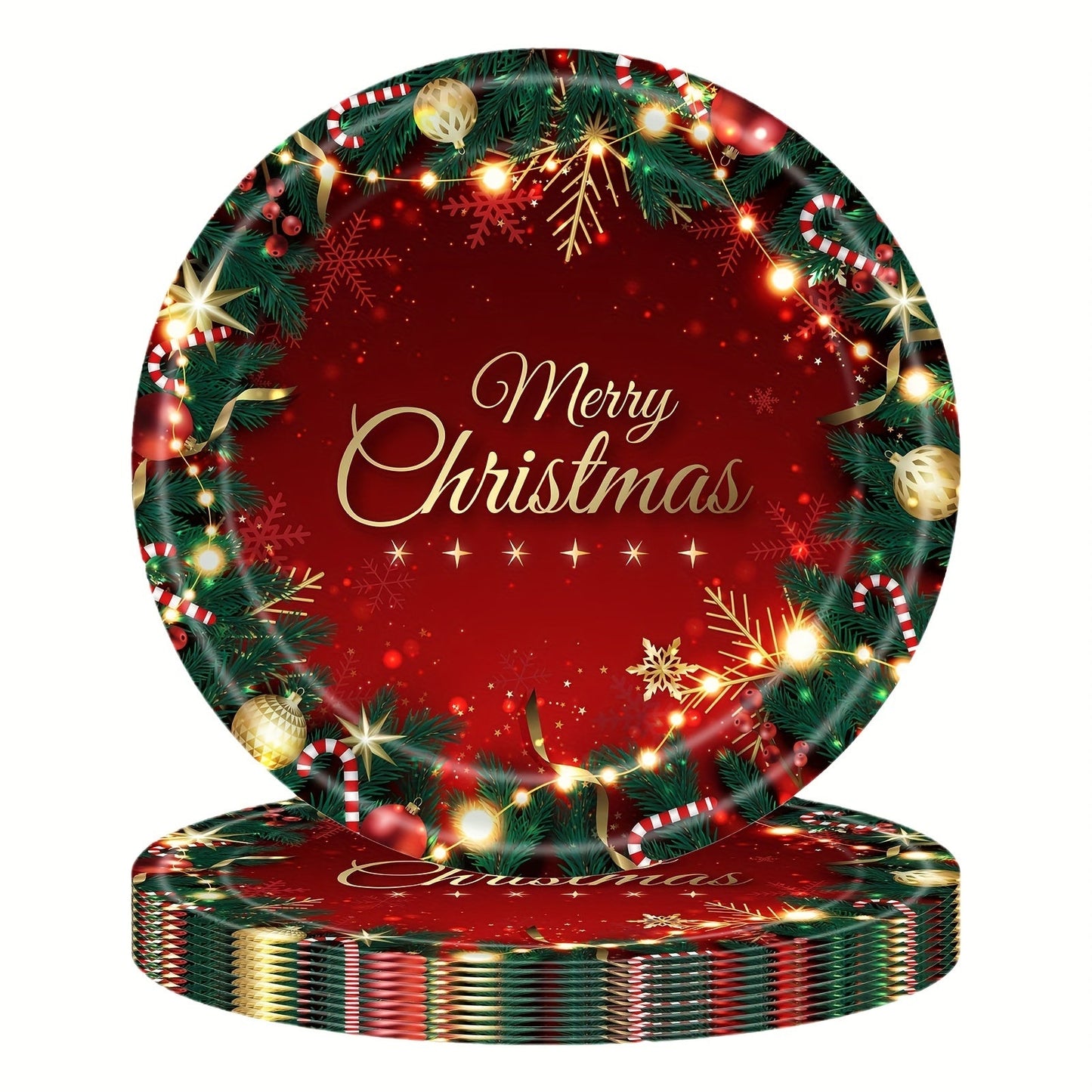 80 pieces of red and green Christmas party supplies including merry Christmas paper plates, napkins, cups, and tableware set. Christmas tree dinnerware set for holiday parties and Christmas party decorations.