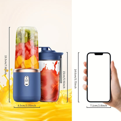 Portable cordless juicer with 2 cups, USB rechargeable, six-blade design for fast juicing, ideal for home, kitchen, and travel.