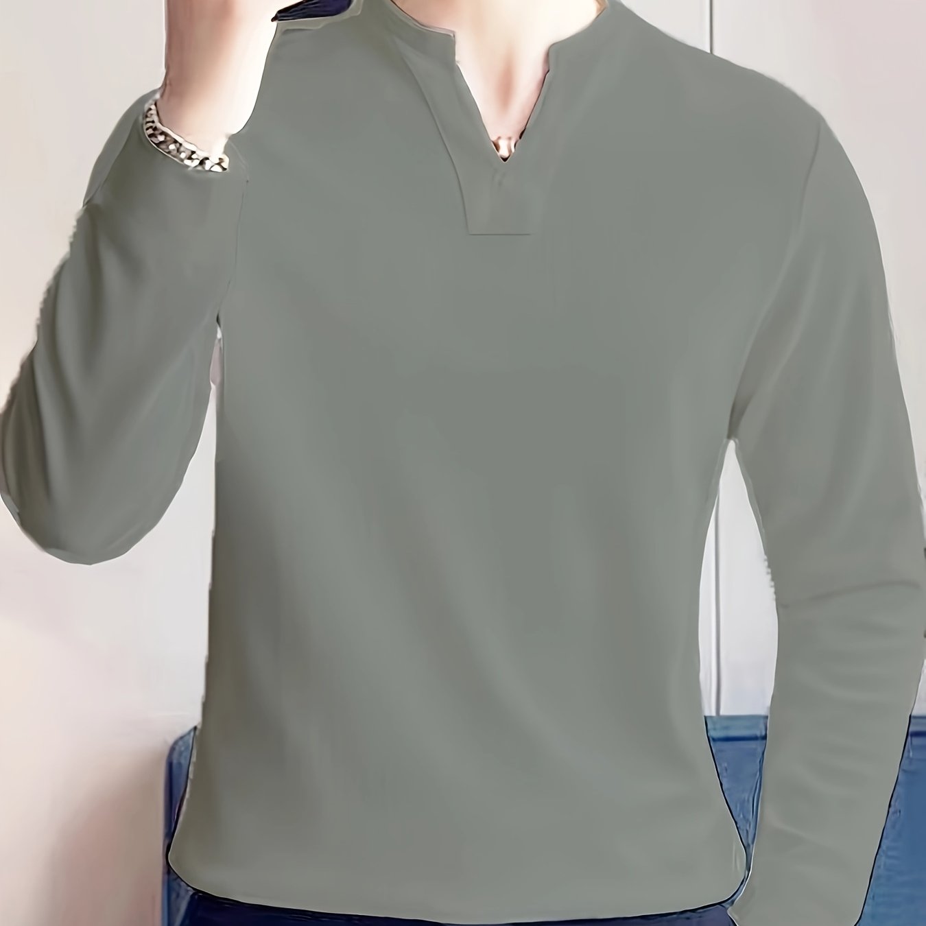 Men's Casual V-Neck Long Sleeve T-Shirt in Polyester Blend, Solid Color with Slight Stretch, Breathable Waffle Texture, Regular Fit for Spring/Fall - Adult