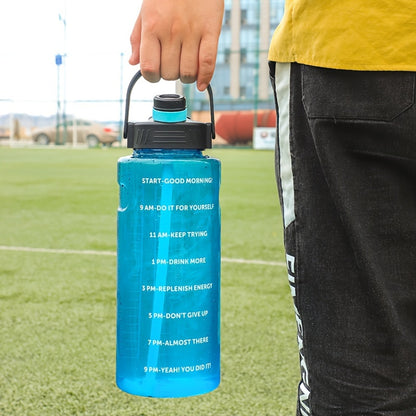 Large clear plastic water bottle with motivational sports design for various activities - camping, hiking, fitness, and home use. Makes a perfect birthday gift. Available in 1100ml, 1500ml, 2000ml, and 3000ml sizes.