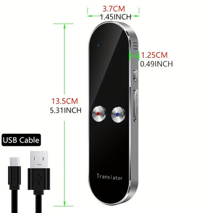 Portable smart language translator device for real-time voice translation during travel or business.