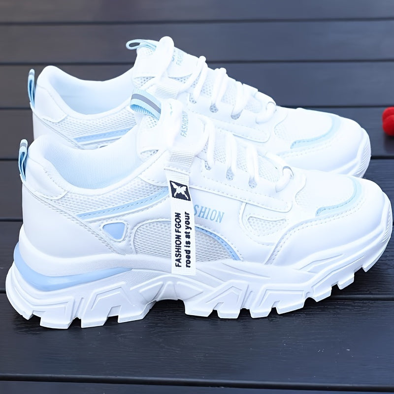 Women's white sneakers with low top lace-up, mesh upper, breathable fabric insole, and durable PVC sole for casual and sporty wear. Casual and trendy footwear.