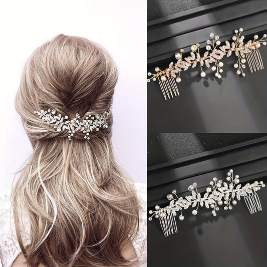 Elegant floral wedding chignon plate hair accessory handmade with rhinestones, pearls, and a pair of combs for European and American brides.