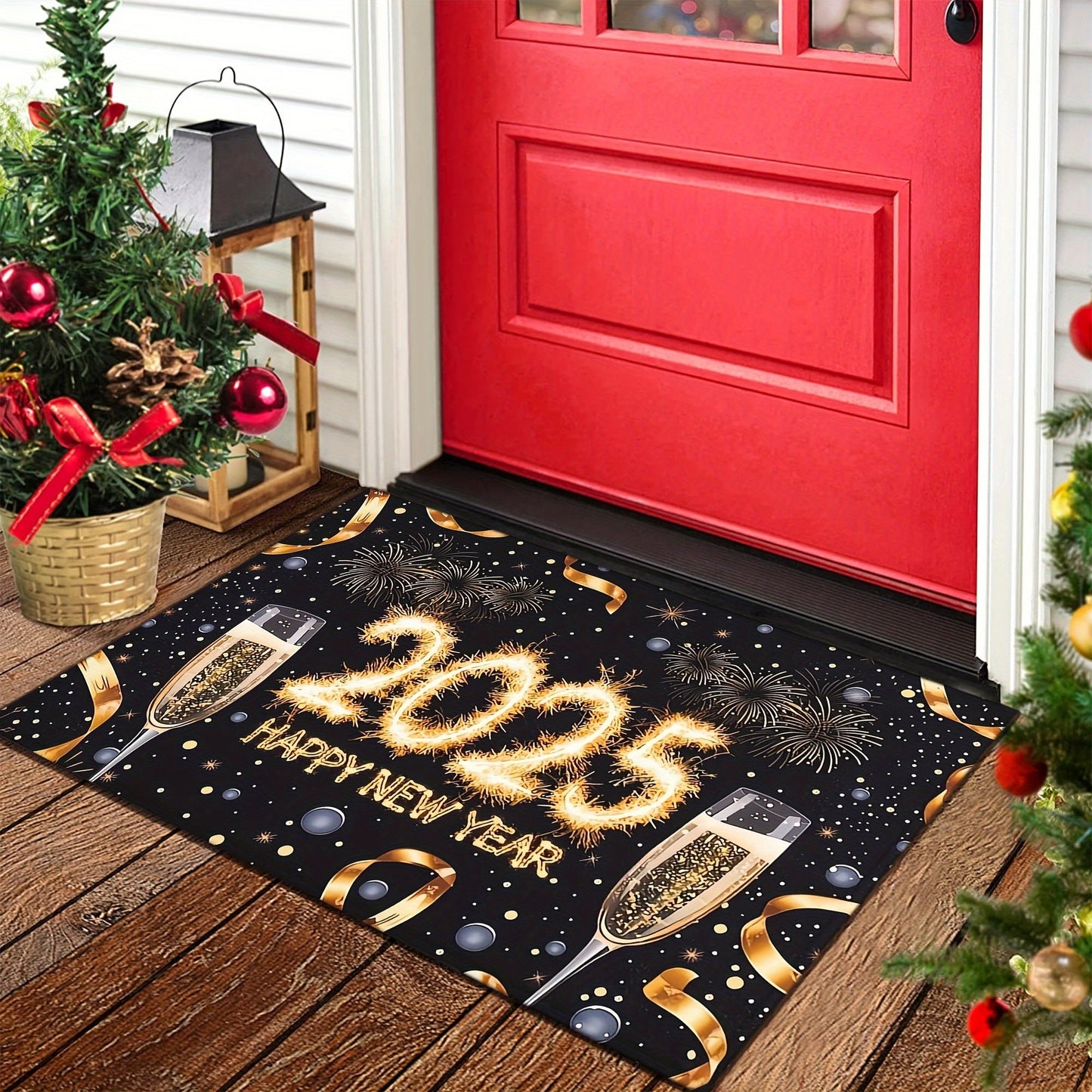 1 piece of rectangular polyester fiber doormat for the year 2025, featuring a festive Champagne cup print. This non-slip mat is machine washable and perfect for entryways, kitchens, living rooms, bedrooms, and bathrooms. It is lightweight, easy to clean