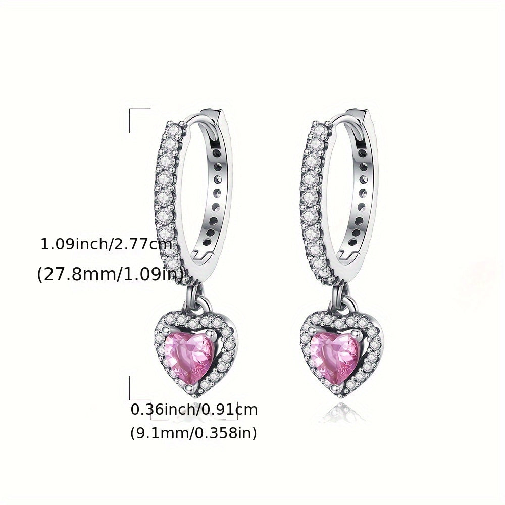 One set of heart-shaped drop earrings made of 925 sterling silver with hypoallergenic properties. The design features inlaid zirconia stones, perfect for wearing with daily outfits or as party accessories. Weighing 3.5 grams (0.123 ounces).