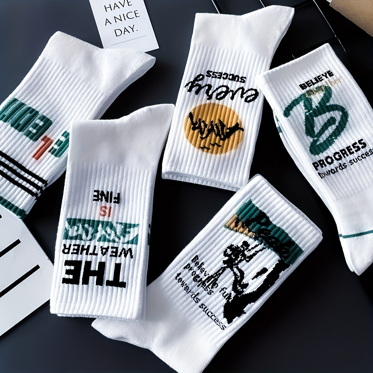 5/10 pairs of men's trendy crew socks with graffiti letter patterns, suitable for outdoor wear.