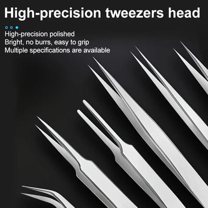 6pcs stainless steel tweezers for DIY, succulent care, and home use with precision straight and curved tips.