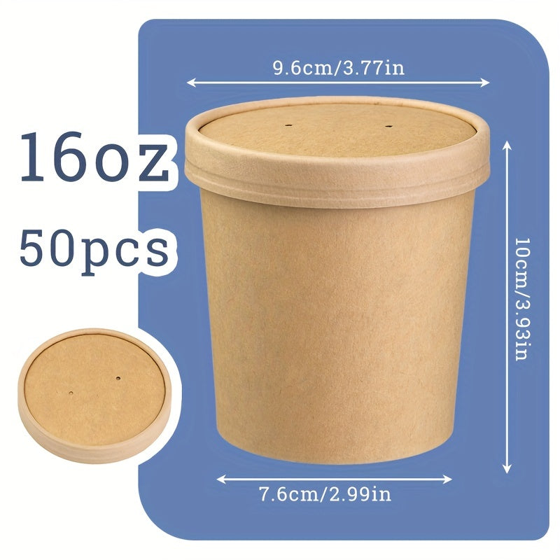 50 pieces of paper bowls with lids, ice cream cups with lids that hold 16 ounces, disposable paper soup cups, paper food containers, kitchen accessories, and home kitchen items in brown color.