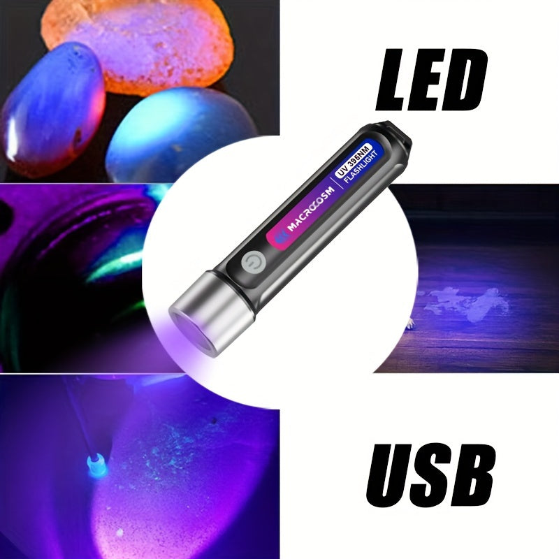 Portable UV LED flashlight for hotel inspection, urine detection, scorpion finder, and more - USB rechargeable with lithium battery.