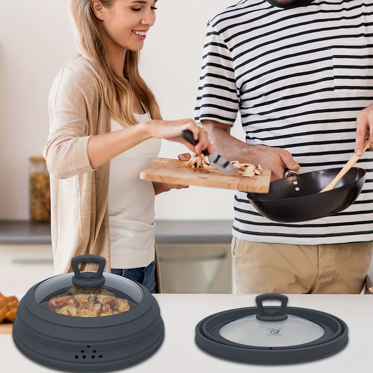 Space-saving kitchen accessory with a ventilated tempered glass lid that fits plates and bowls. Includes anti-scald handle and collapsible design.