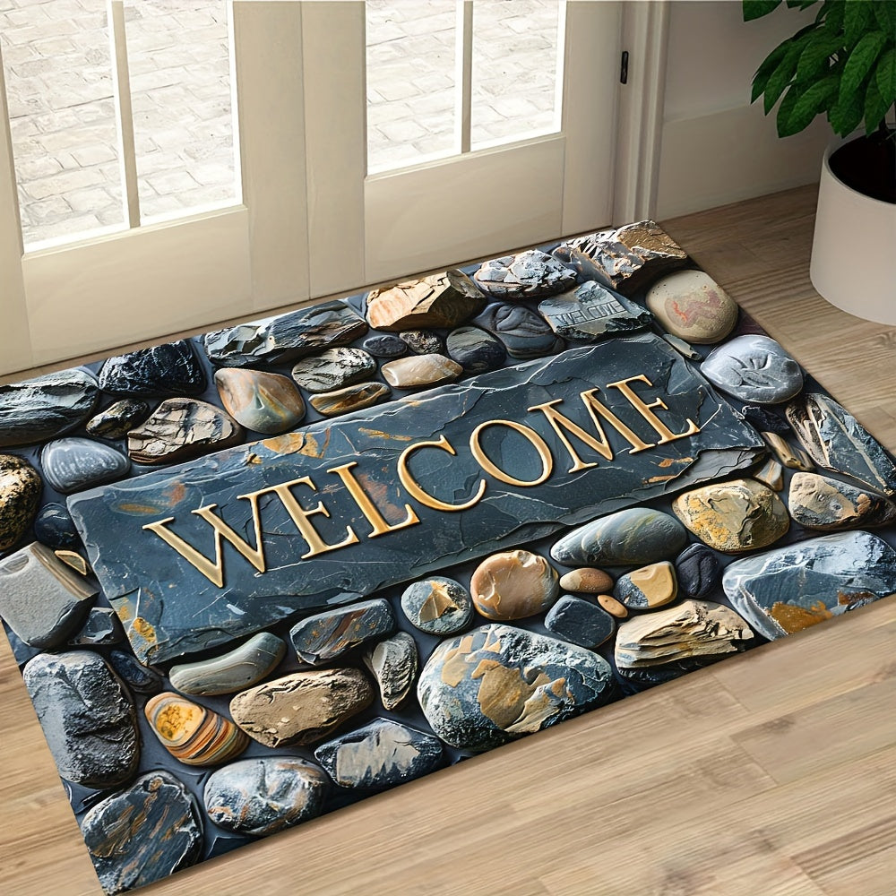 Introducing the luxurious Pebbles 3D Stone Pattern Floor Mat - a decorative delight for your home and outdoor spaces! This non-slip, waterproof, and machine washable polyester carpet features a beautiful artistic design and a luxurious texture. Perfect