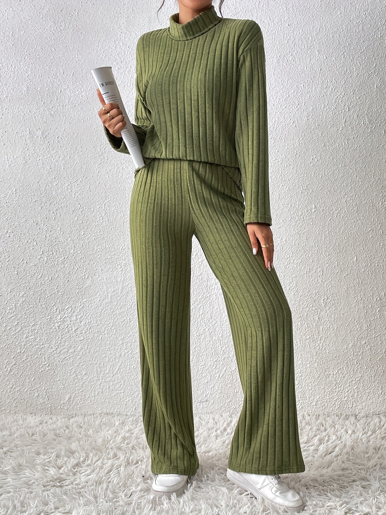 Fur-trimmed casual suit with high collar, solid long sleeve top, and loose trousers two-piece set for women.