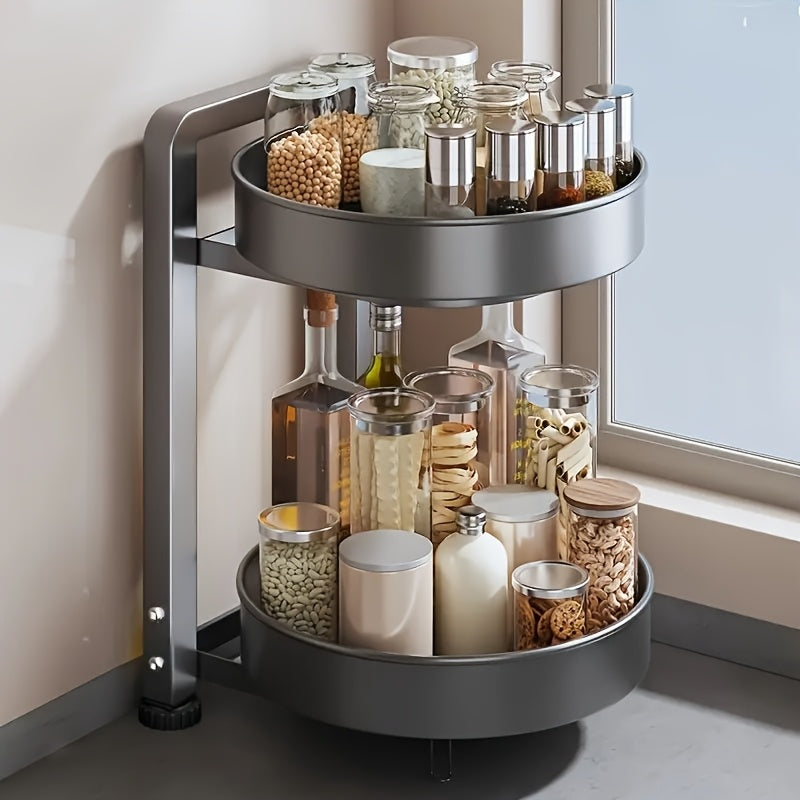 Lazy Susan spice rack, revolving seasoning organizer, versatile rotating storage container for oil, salt, sauce, and vinegar, perfect for kitchen countertops and home use.