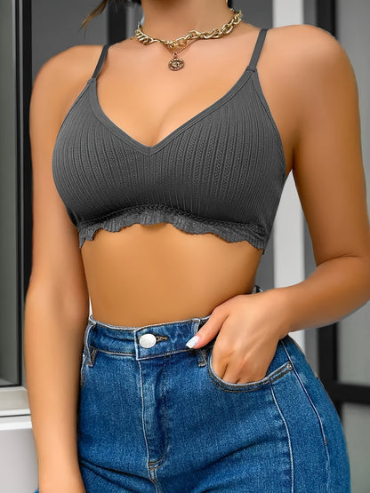 Stylish Striped Wireless Bra for Women with High Support, Lace Trim, and Breathable Fabric - Hand Washable Crop Top Design with Ribbed Texture