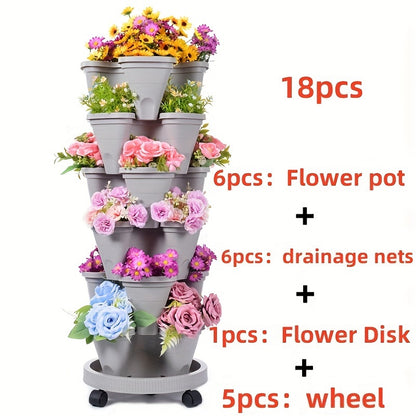 1 set of 6-tier stackable planters with 18 pieces, made of durable plastic with moving wheels and tools. Ideal for growing flowers, herbs, strawberries, and vegetables in indoor or outdoor