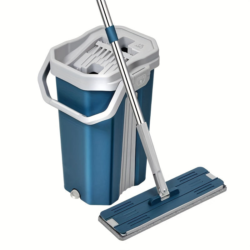 Stainless Steel Flat Mop Set with Bucket, Hands-Free Wringer, 2 Reusable Microfiber Pads, Wet/Dry Dual-Use, Easy-Scrape for Home and Office Floors