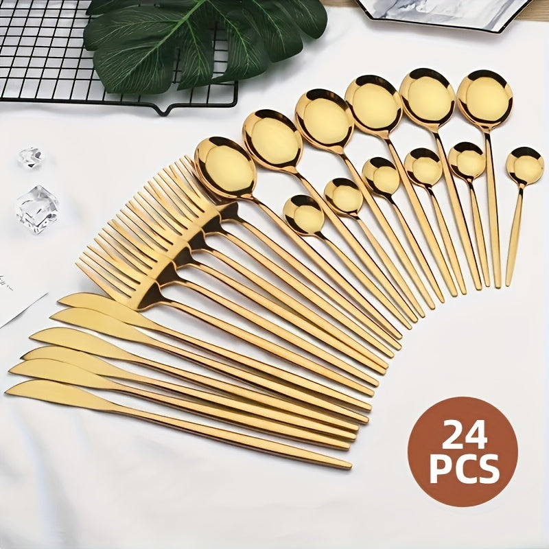 Premium 24-piece stainless steel flatware set with high-temperature resistance, rust-proof, elegant golden finish, and durable cutlery for various occasions.