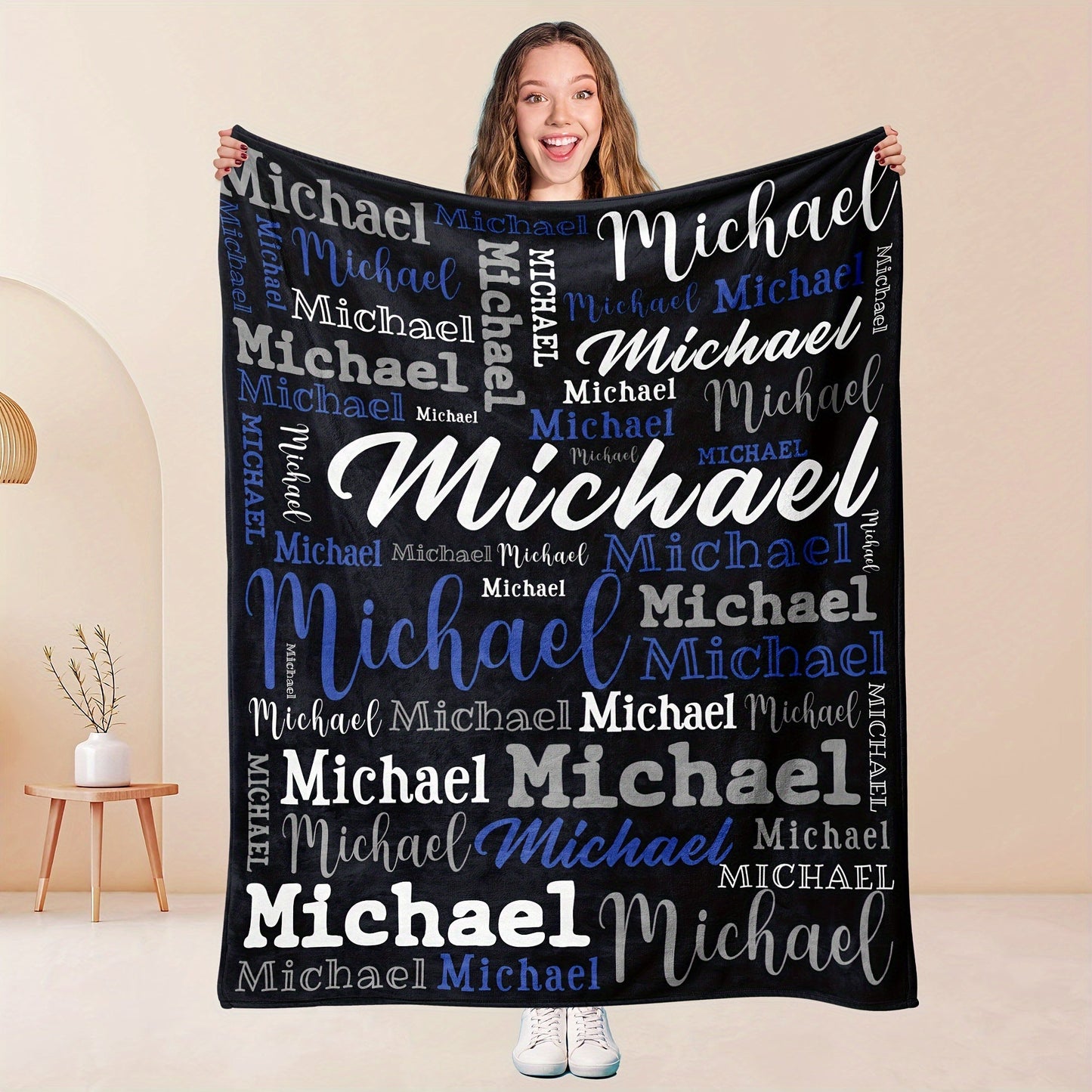 Personalized Big Name Blanket by QOGOER made from an ultra-soft 100% polyester flannel knit fabric, featuring high-quality digital printing in a mixed color design that is suitable for all seasons.