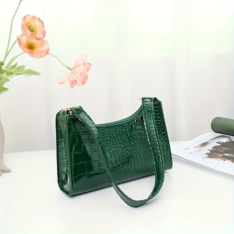 Stylish women's shoulder bag with crocodile embossing, wide strap, solid color, zip closure, phone holder, and available colors in coffee, light brown, pink, green, and black.