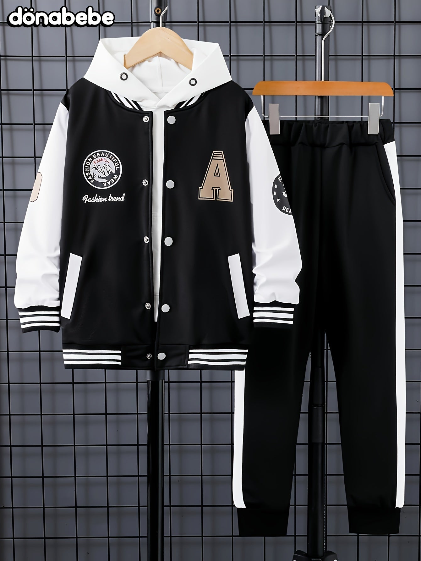 Boys' Donabebe Varsity Jacket & Pants Set with Color Block "A" Print, Polyester Outfit for Fall/Winter Outdoor Wear